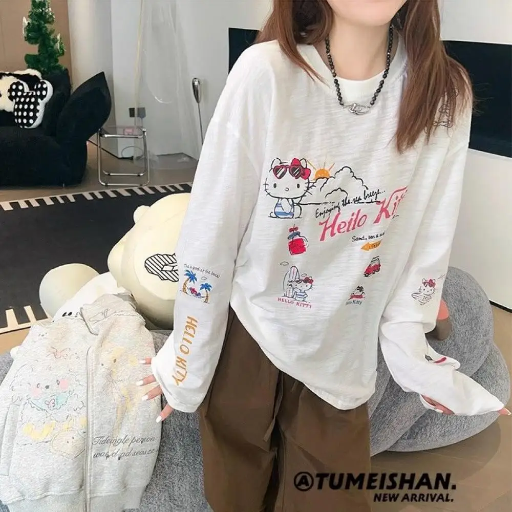 

Милая футболка с длинными рукавами и принтом «Hello Kitty», блузка для женщин, летние свободные повседневные топы с героями мультфильмов Sanrio для девочек, студенческие солнцезащитные топы