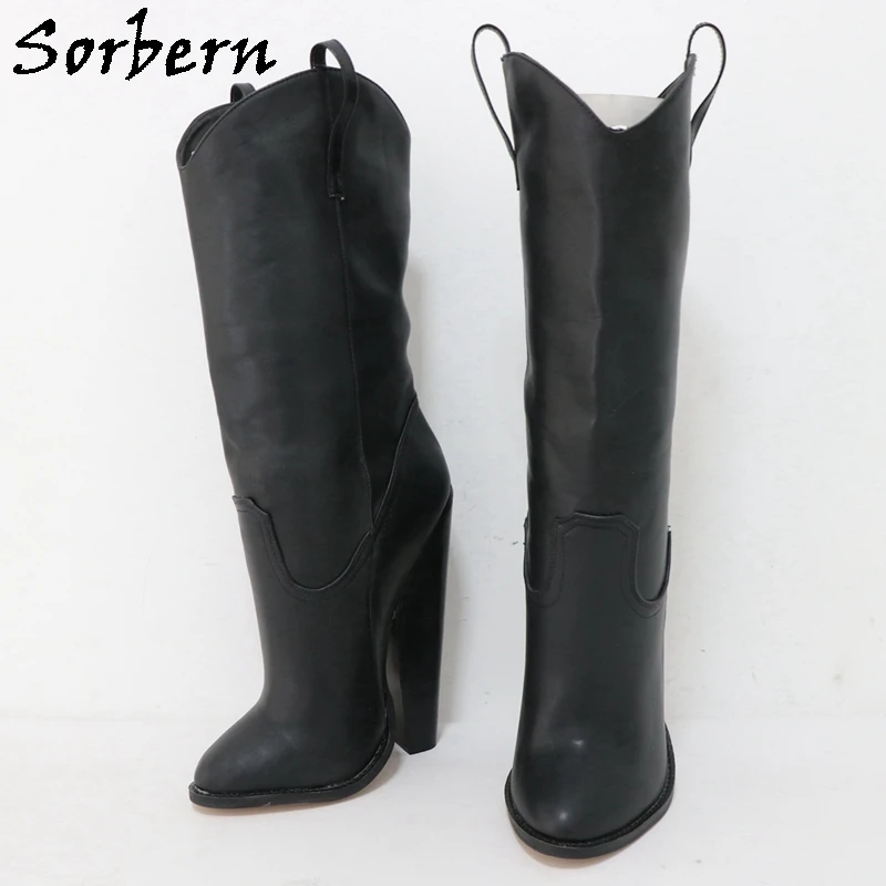 Sorbern Customized 18Cm Block High Heel Boots For Women Low Calf Wide Fit Slip On Boots Pointed Toe High Instep Shoes Booties