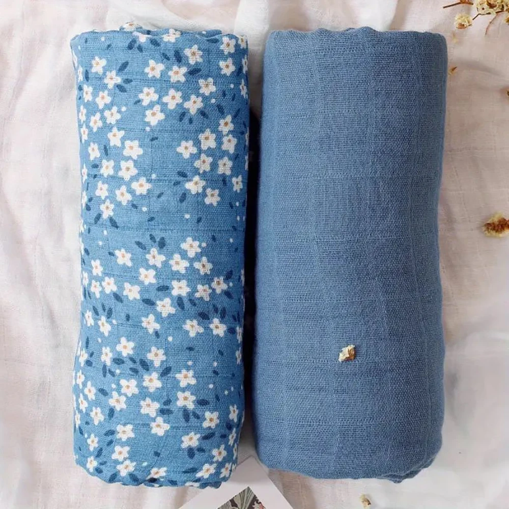 Elinfant 2PCS Popular Print With Solid Color Muslin Swaddle Blankets,Newborn Swaddle Wrap,100% Cotton Baby Bath Towel