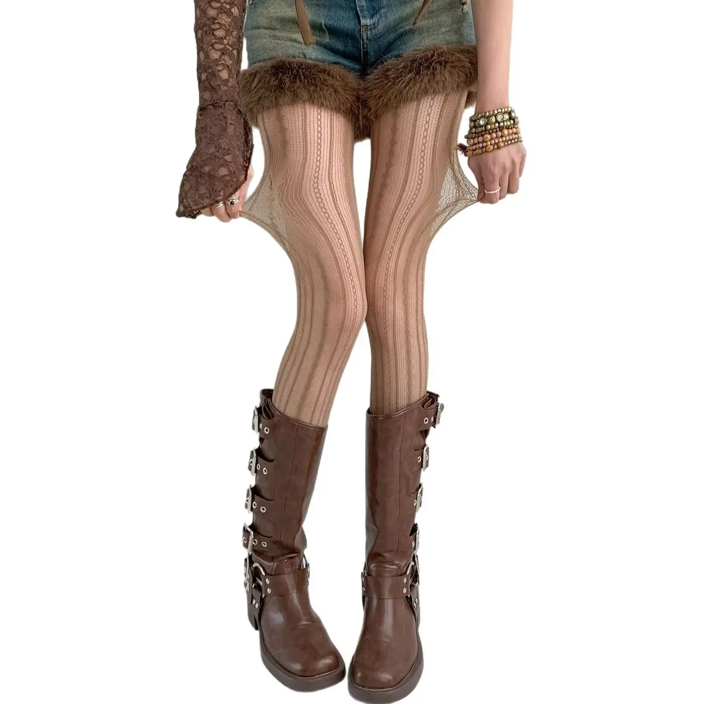 Bas résille à motif Floral à rayures, JK Bow Lolita, Sexy, fin, noir, respirant, nouvelle collection