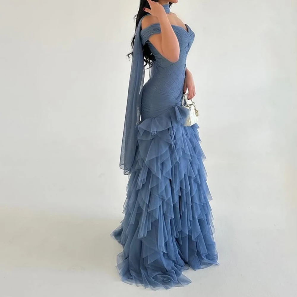 Personalizado sereia vestidos de noite até o chão fora do ombro sem mangas vestido de baile simples moda roubou drapeado vestido de festa