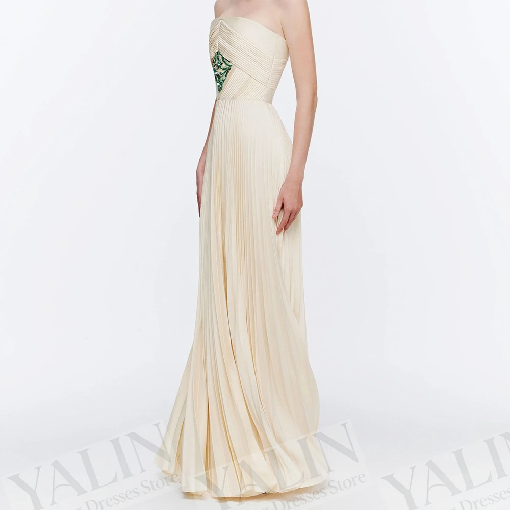 

Women's A-line Evening Dresses Floor-length Strapless Sleeveless Prom Dresses Fashion Beading Pleat Backless Customized Gowns