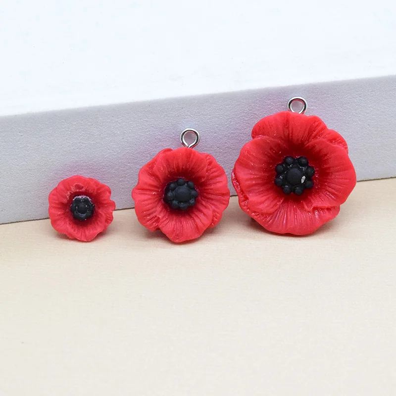 10/20pcs 12/15/22mm Poppy Flower Resin Charms Anzac Day Jewlery Charms Diy Earring Barcelet Keychain Pendant Making F504