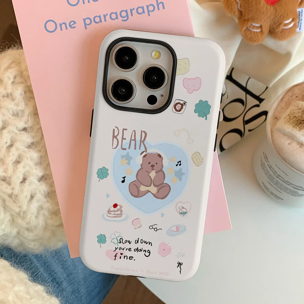 Ins Music Love Bear Protective Phone Case for IPHONE 16 ProMax 15 14 13 12 11 PRO Plus Acrylic TPU Two in One Mobile Phone Cases