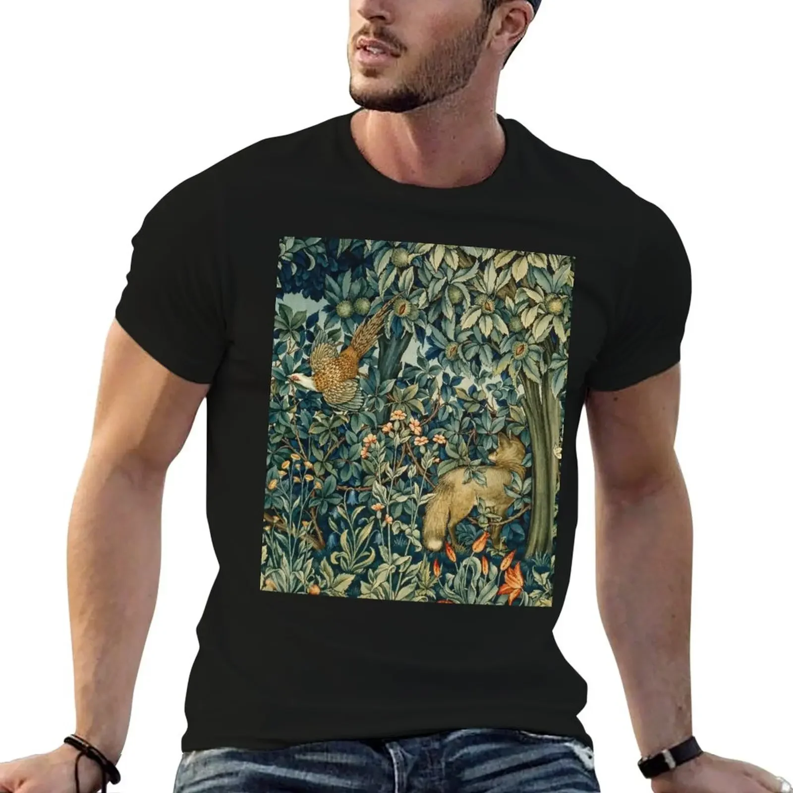 GREENERY, FOREST ANIMALS Pheasant and Fox Blue Green Floral Tapestry T-Shirt anime tshirt boys whites mens t shirts top quality