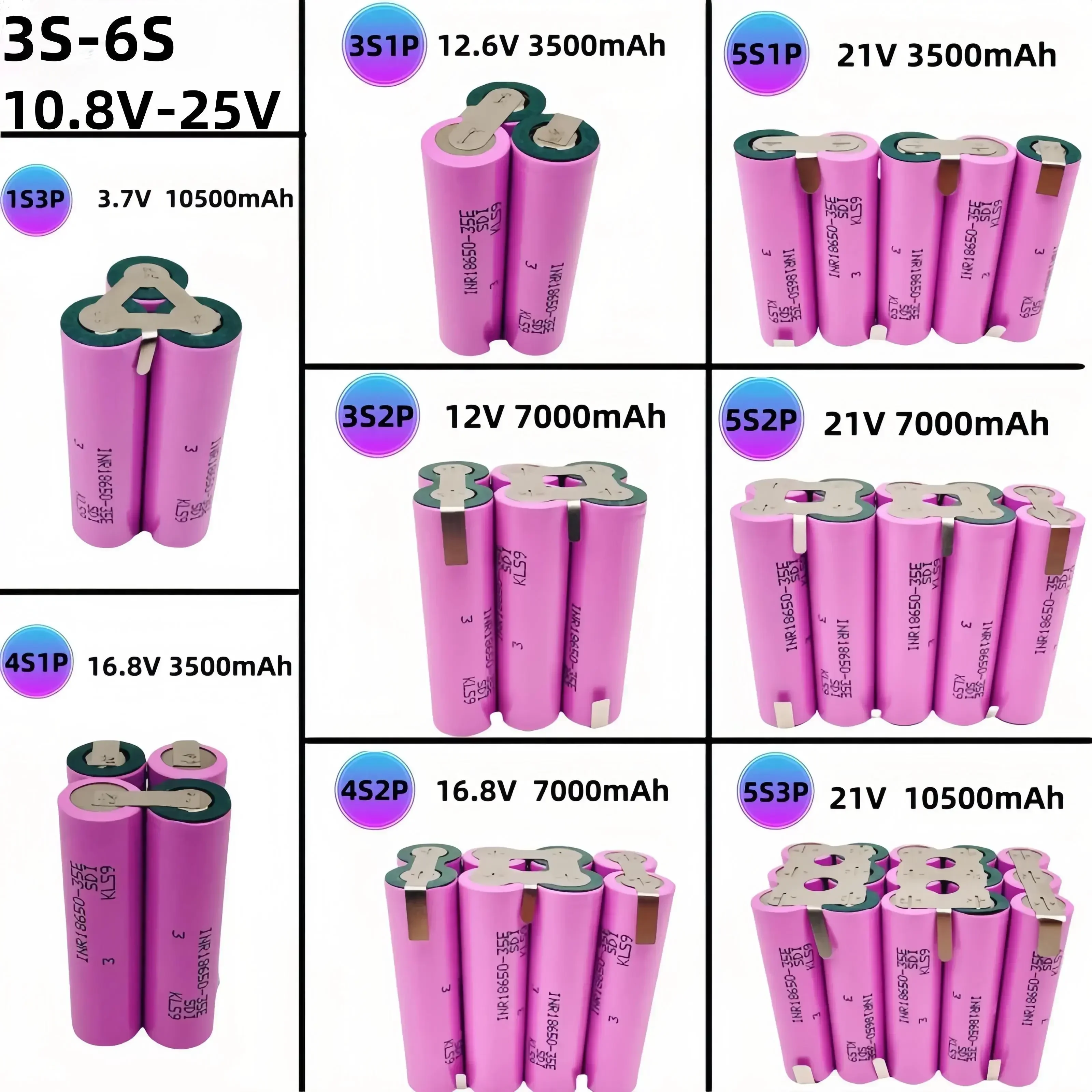 

18650 1S3P 3S1P 3S2P 4S1P 4S2P 5S1P 5S2P 3500mAh/7700mAh/10500Ah 3.7V 12.6V 16.8V 21V rechargeable electric screwdriver battery