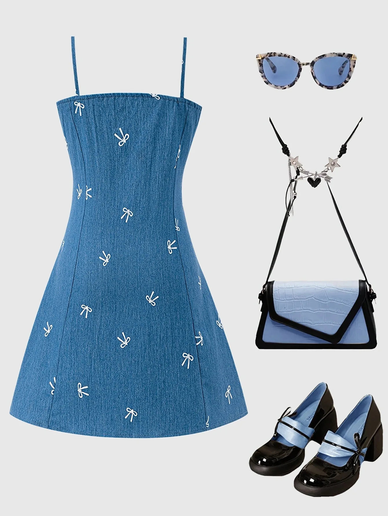 Einteiliges Jeans-Slip-Kleid für Mädchen, quadratischer Spaghettiträger, A-Linien-Mini-Jeanskleid mit 2 Schulterbändern und durchgehender weißer Schleifenstickerei – Detail 4