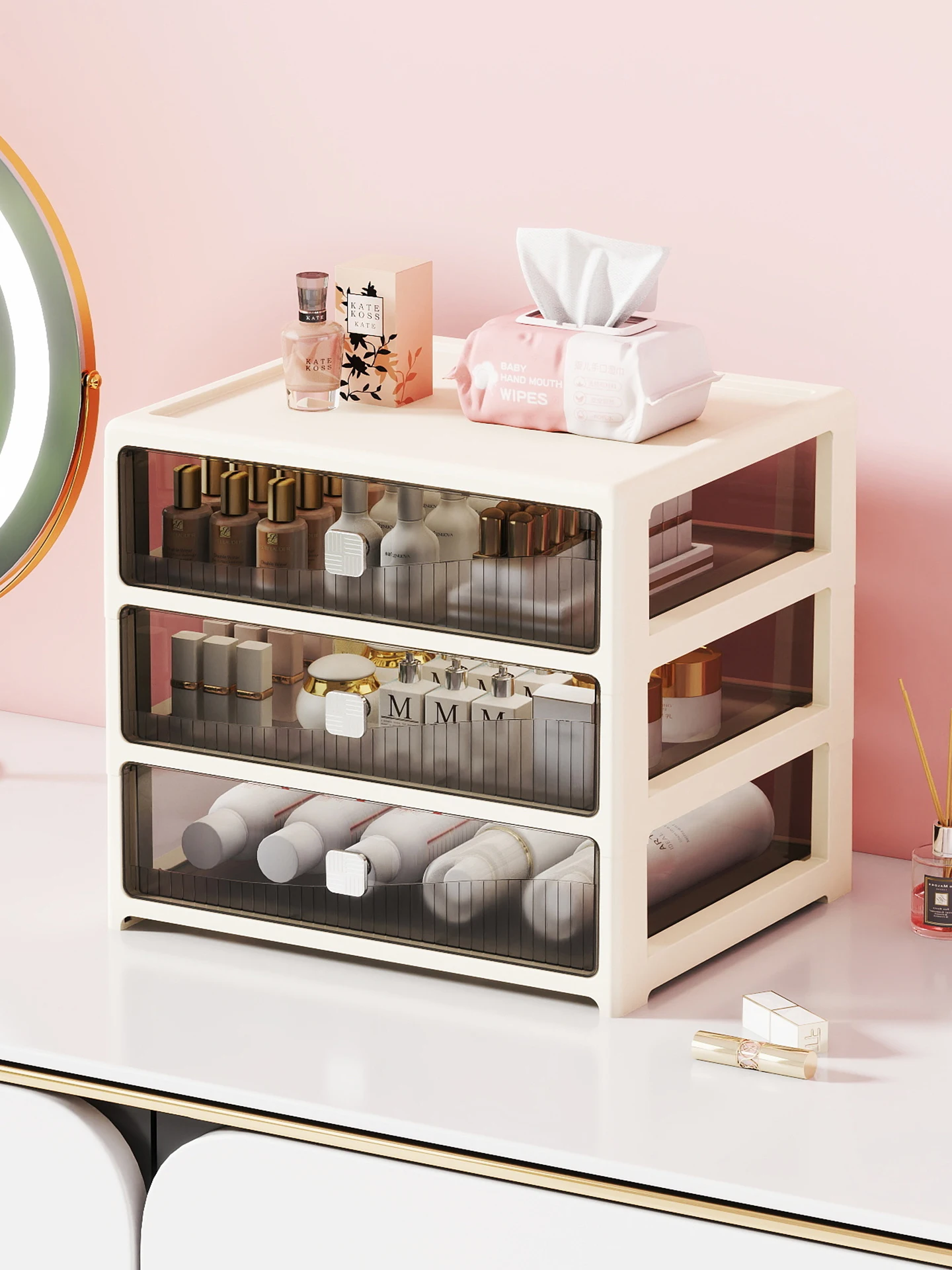 

Настольный ящик для хранения косметических пуховок Der Sle eup Bru, настольный органайзер для парфюмерии, губной помады, средства по уходу за кожей Ra