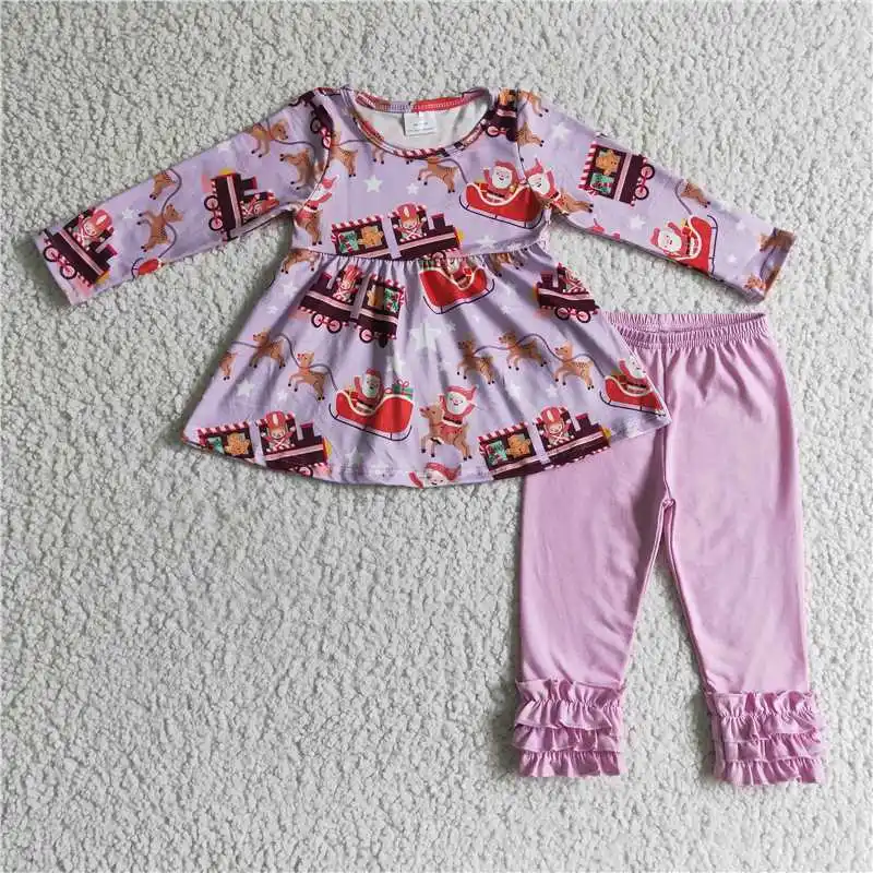 New Fashion Baby Girls Embroidered Christmas Tree Plaid Pink Bow Long Sleeve Pants Set Wholesale Boutique Children Clothes RTS