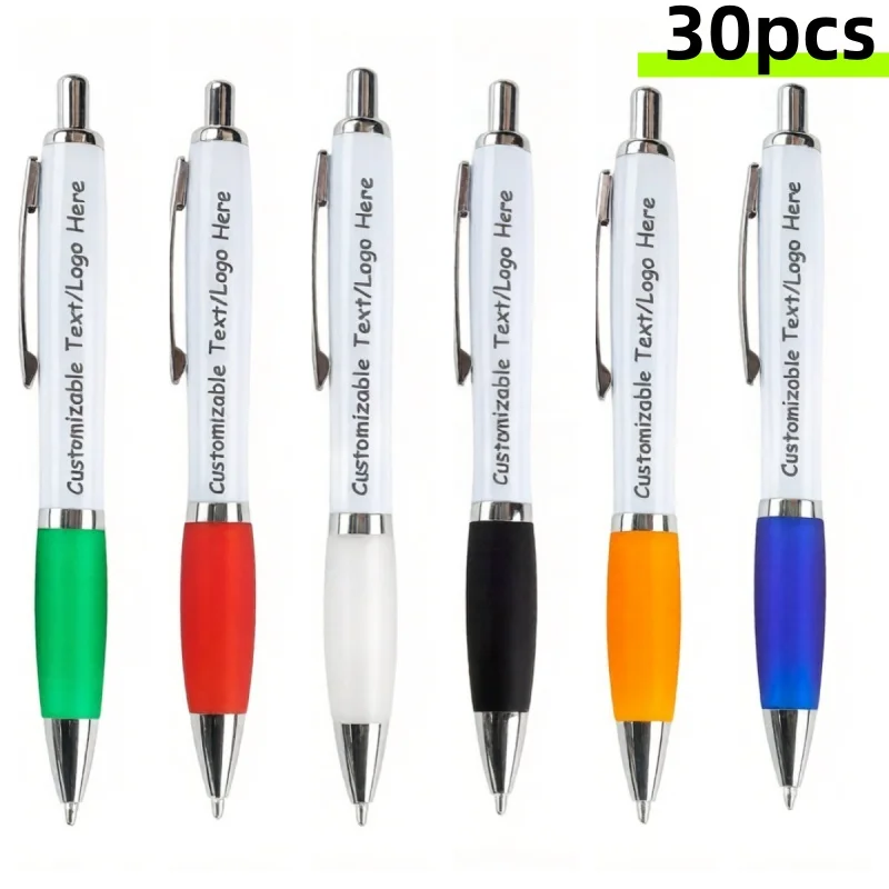 30PCS Customizable Logo Ballpoint Pens White Plastic Promotional Pens for Business School Supplies Hotel & Conference Gifts