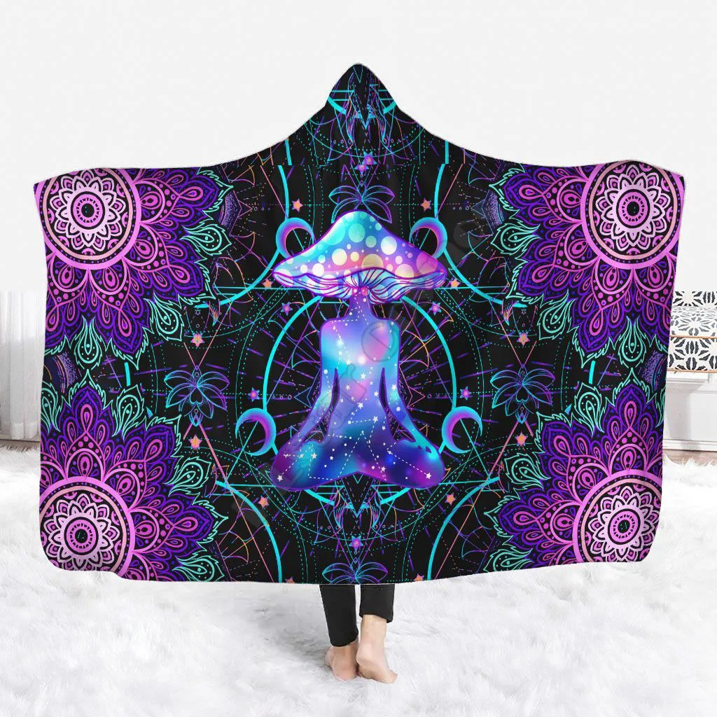 Psychedelic Yoga Magic Mushroom Hooded Blanket Adult colorful child Sherpa Fleece Wearable Blanket Microfiber Bedding