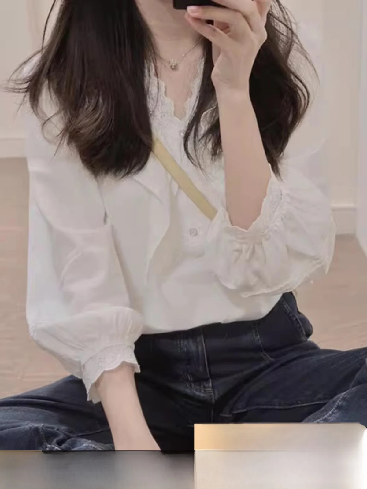 

Elegant White Chiffon Shirt Women's Spring Summer Autumn Fashionable Top Seven-Quarter Sleeve V-Neck Korean Style Blouse
