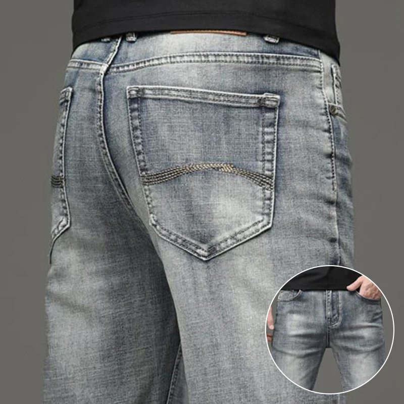 

Мужские новые элитные винтажные облегающие джинсы Мужские теплые универсальные умные повседневные джинсовые брюки Повседневные свободные прямые брюки выше