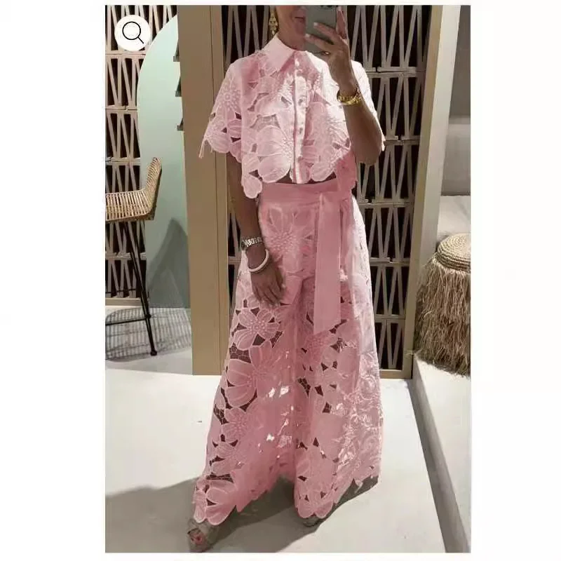 

Elegant Heavywork Lace Two-Piece Set Retro Openwork Embroidered Tops Stylish High-Waist Wide-Leg Pants Solid Color Women's Suit