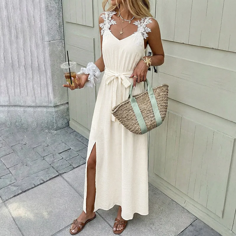 Strap Long Skirt 2026 New Summer Flower Strap Waist Split Dress for Women