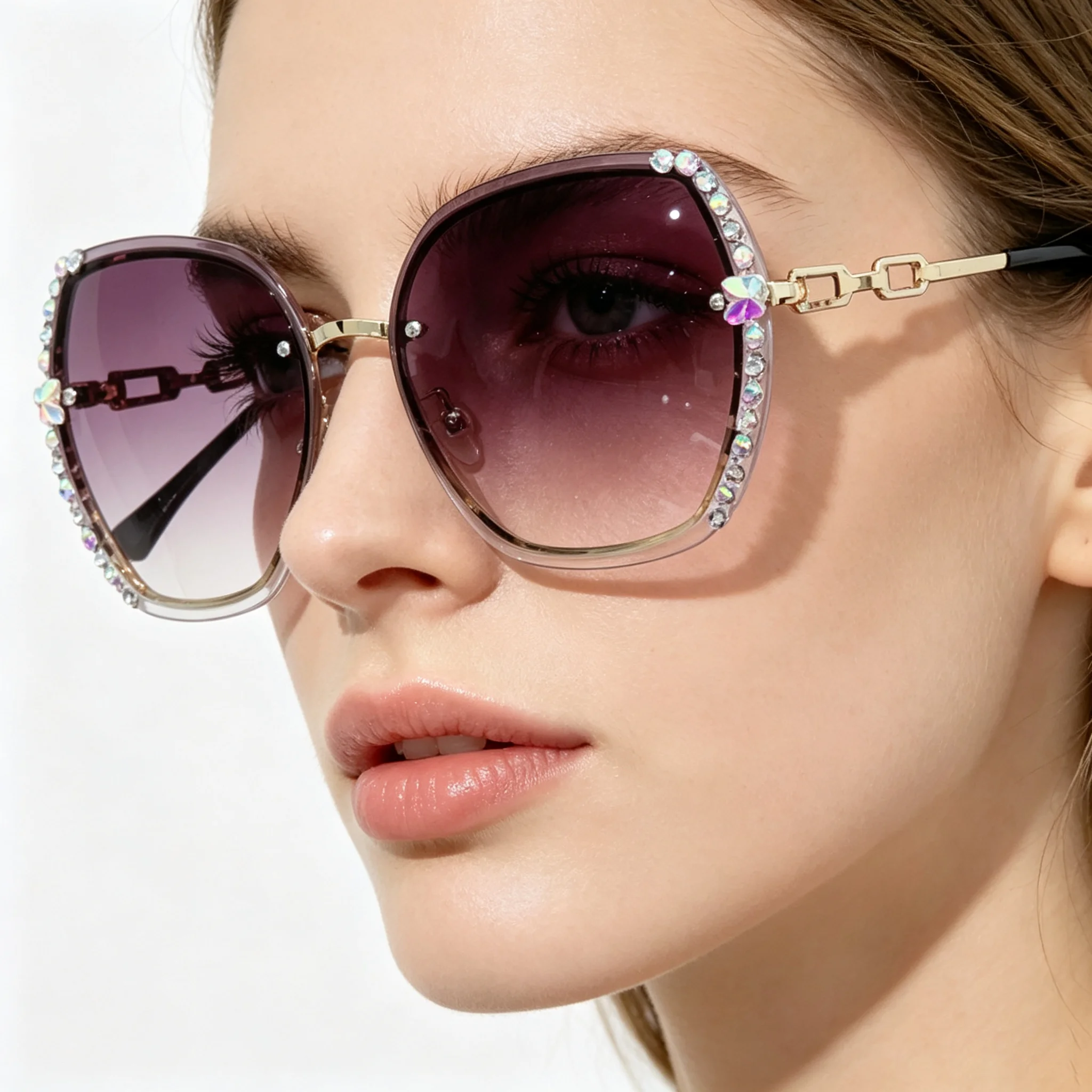 Damen Casual Mode Sonnenbrille Retro Strassbesetzter Rahmen Kettenbügel Trendige Street-Shooting-Urlaubsbrille