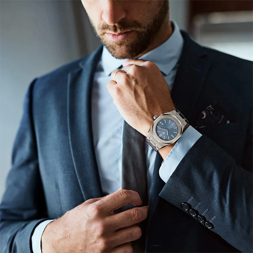 AP العلامة التجارية الفاخرة الكلاسيكية العصرية الرجال ساعة حساسية مقاوم للماء الفولاذ المقاوم للصدأ ساعة اليد مضيئة تاريخ ساعة زجاجية معدنية هدية