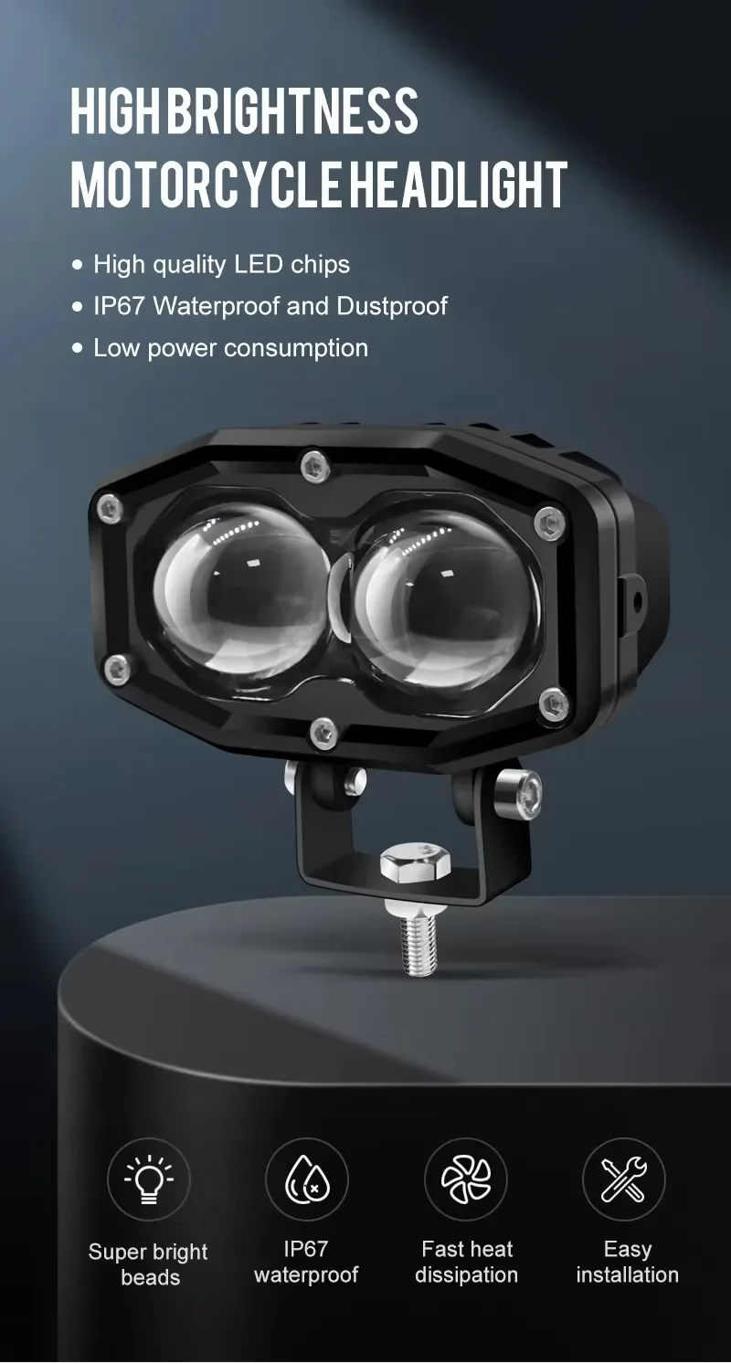 

6D Lens LED Spot Fog Lights for Motorcycle Car SUV Truck - Dual White/Yellow 20W Off-Road Driving Lights IP67 Waterproof Long-Ra