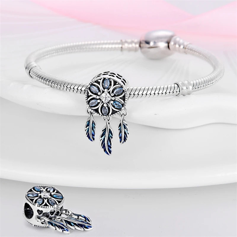 

2026 New 925 Sterling Silver Dream Catcher Blue Stone Charms Bead Fit 3mm Original Bracelet DIY Women Fine Birthday Jewelry Gift