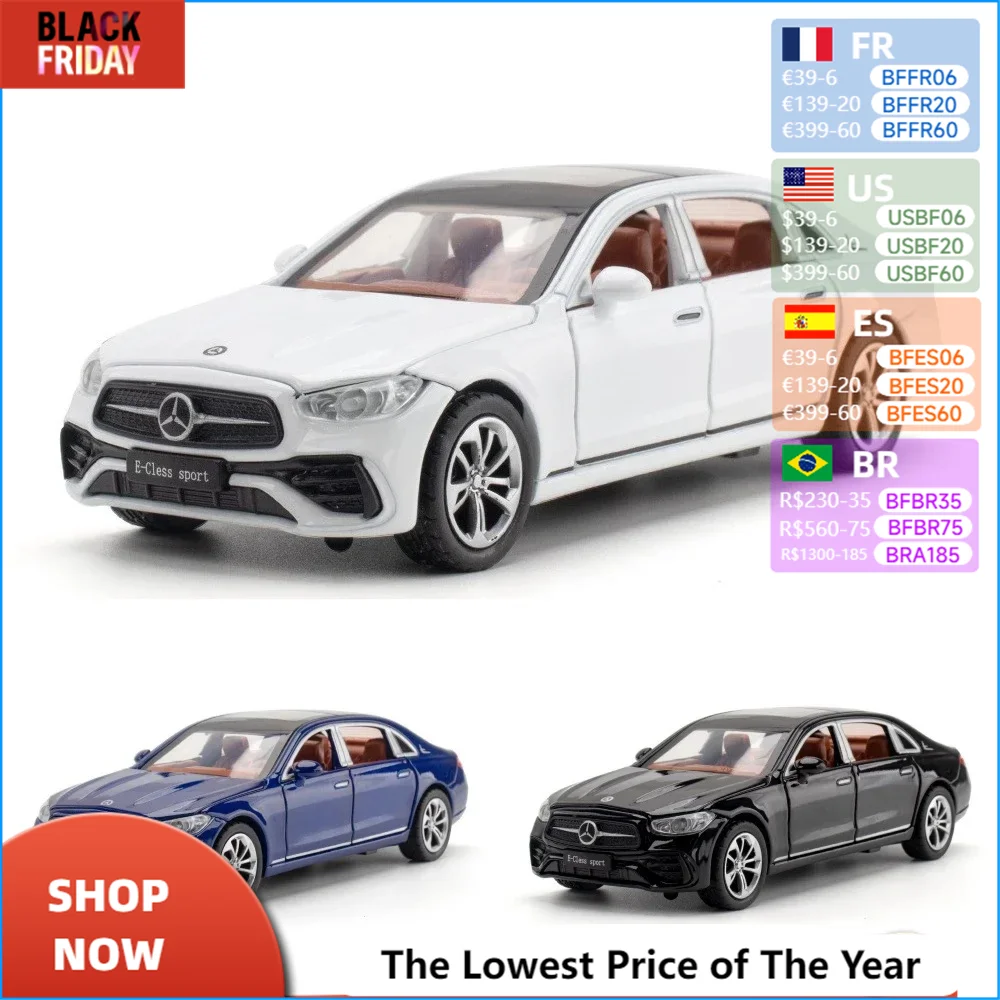 1/32 Mercedes-Benz E300L Toy Car Model Diecast Alloy Metal Miniature Sound & Light Pull Back 1:32 Collection Gift For Boy Kid