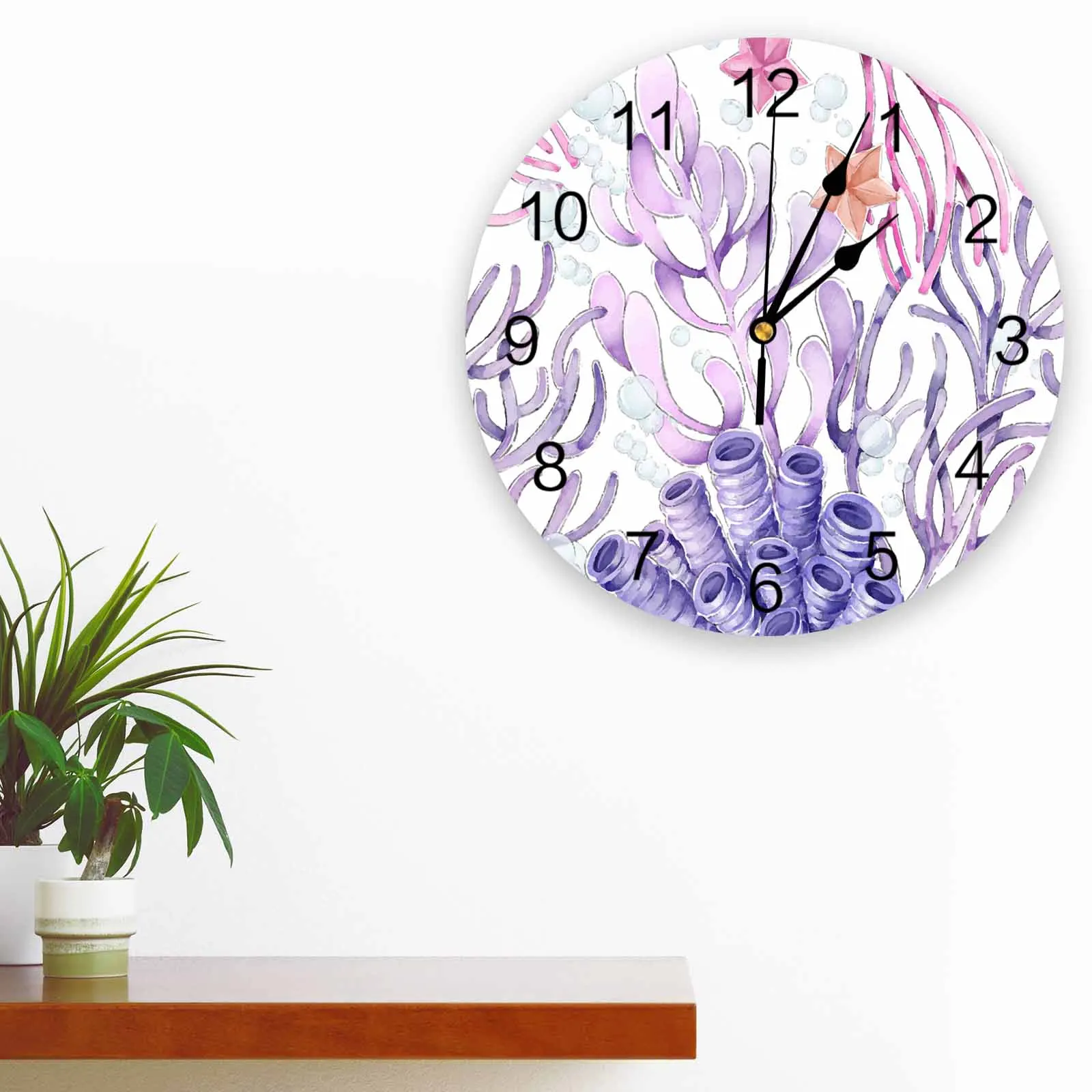 Ocean Bottom Coral Starfish Watercolor Printed Wall Clock Modern Silent Clock Living Room Home Decor Wall Hanging Watch