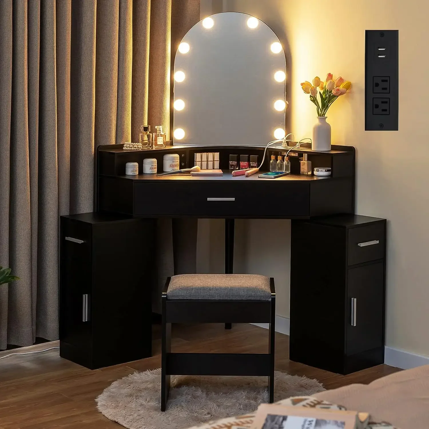 usikey Corner Vanity Desk with Mirror and Lights, Makeup Vanity Table with Charging Station, 3 Drawers & Retractable Side