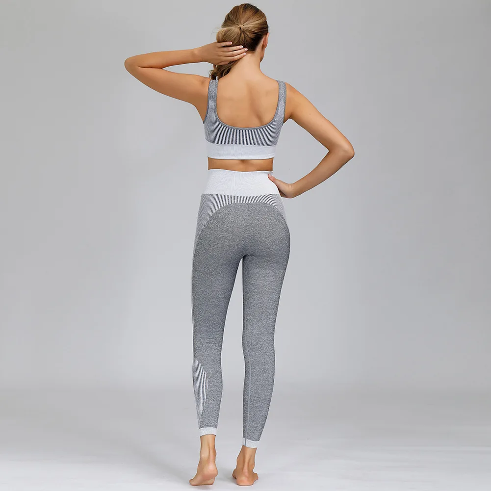 Seamless bra shorts trousers suit yoga clothes fitness clothes side-length vertical strip jacquard three-piece set