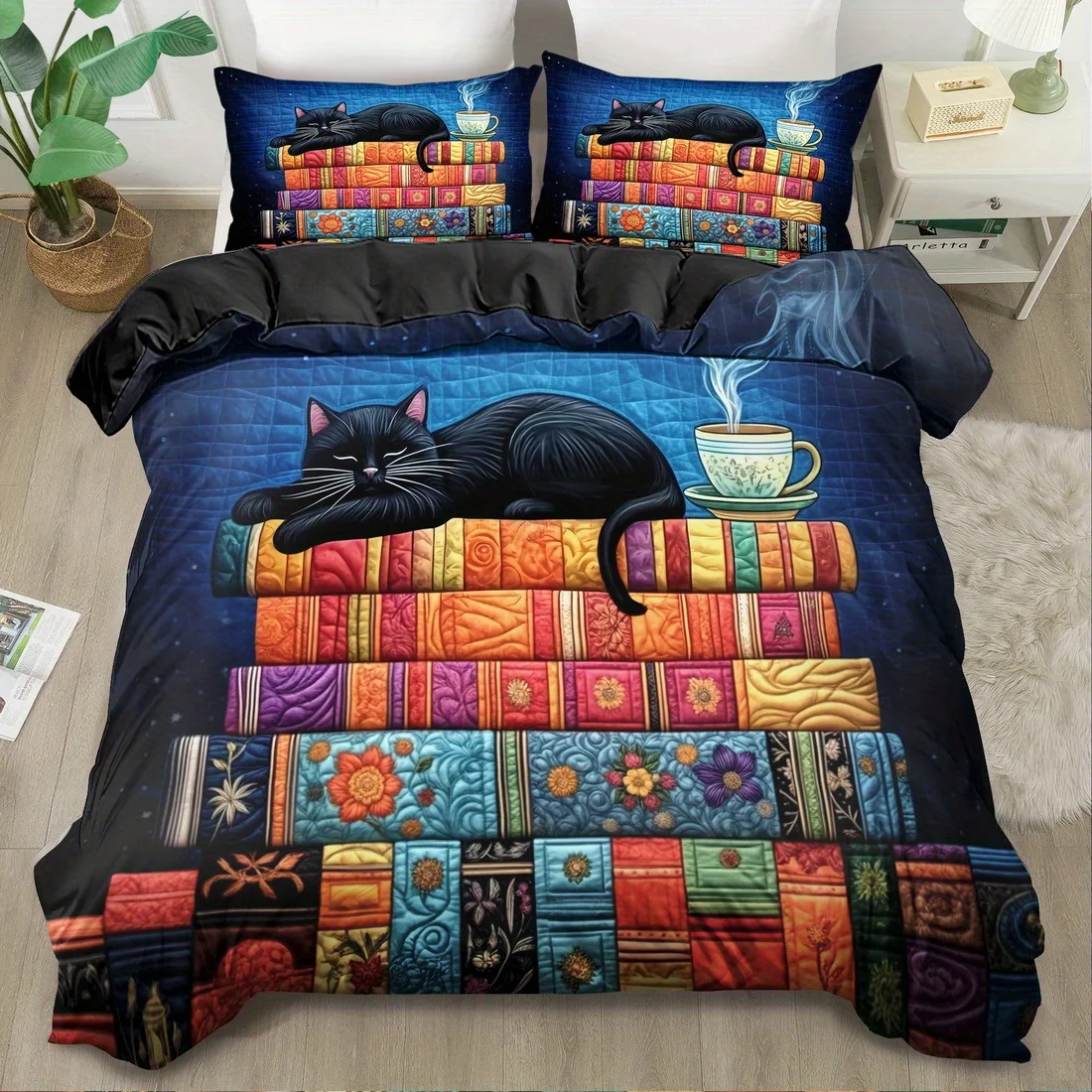 Black Cat Print Duvet Cover Set King/Queen Size Machine Washable Quilt Decoration for Bedroom Guest Room Birthday Gift
