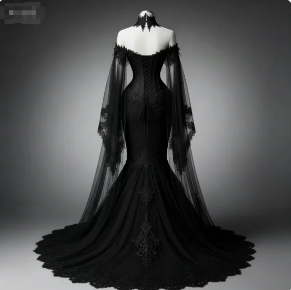 Vampire Black Gothic Wedding Dress Long Sleeves Off-Shoulder Vintage Bridal Gowns Lace Appliques Halloween Costume Customized