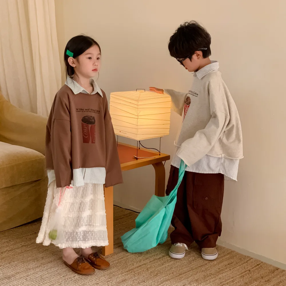 

Children's Hoodie 2024 Spring Edition Korean Style Shirt Collar Fake Two-piece Hoodie Children's Casual Cartoon Printed Top