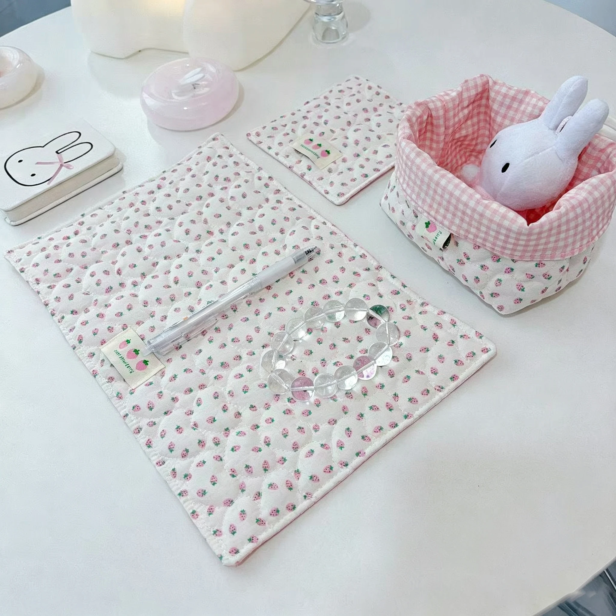 Kawaii Pink Plaid Cream Strawberry Handmade Table Mat Padded Quilted Placemat Korean-style Ins Cotton Mini Coaster Cute Gift