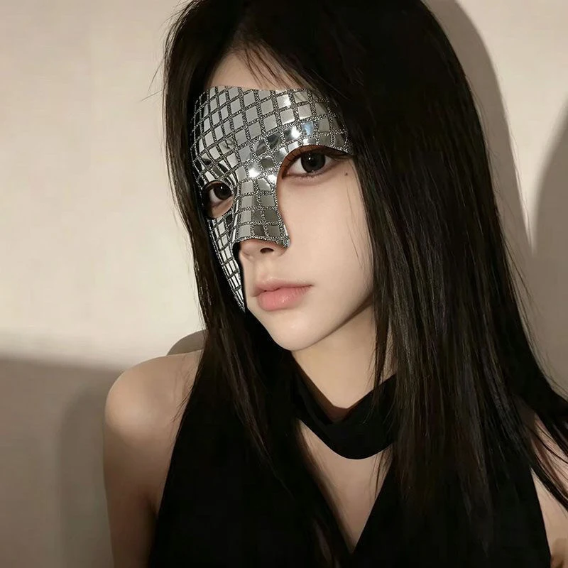 Women Silver Mirror Grid Upper Half Face Mask Gothic Queen Cosplay Mask Masquerade Halloween Party Costume Photo Shooting Prop