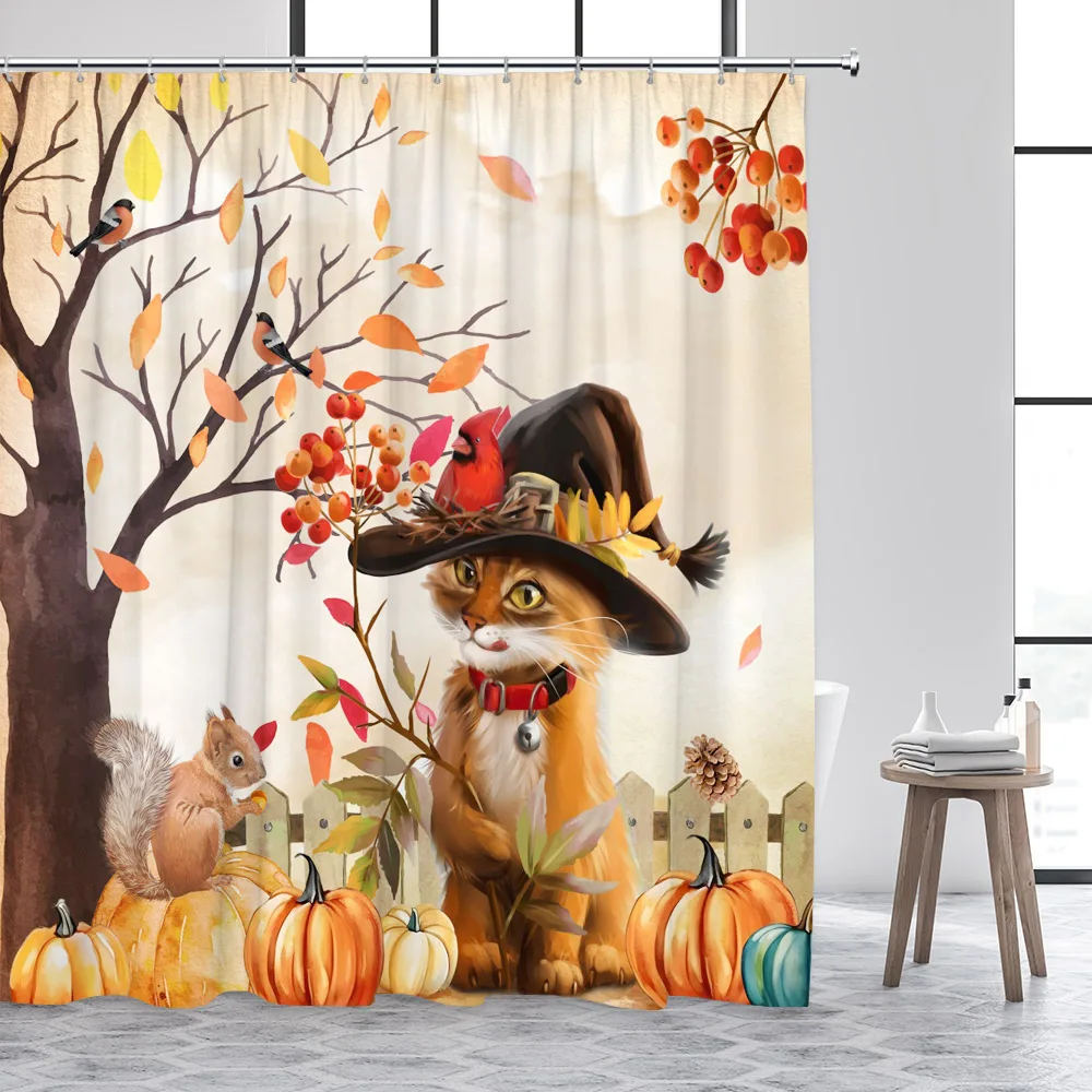 Autumn Shower Curtain Funny Cat Squirrel Pumpkin Tree Red Bird Fall Scenery Bath Curtains Fabric Home Bathroom Decor with Hooks