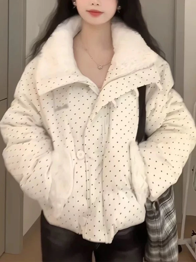 Parki damskie z bawełny puchowej w korduroy w kropki, nowe, grube, luźne kurtki z futrzanym kołnierzem na zimę 2025, koreański szyk Harajuku, ciepłe topy