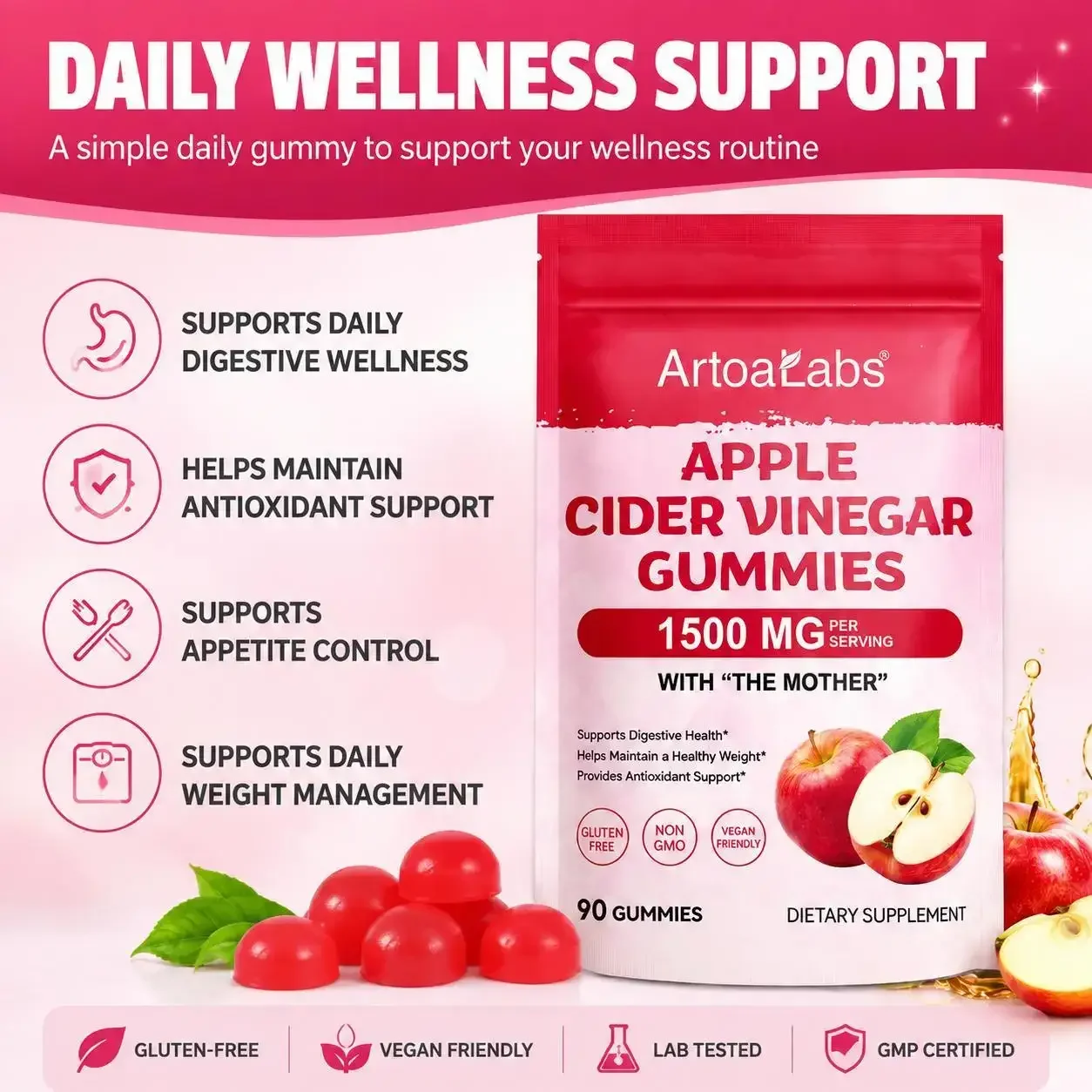 Apple Cider Vinegar Gummies,Supports Satiety & Healthy Weight Management,1500mg ACV 