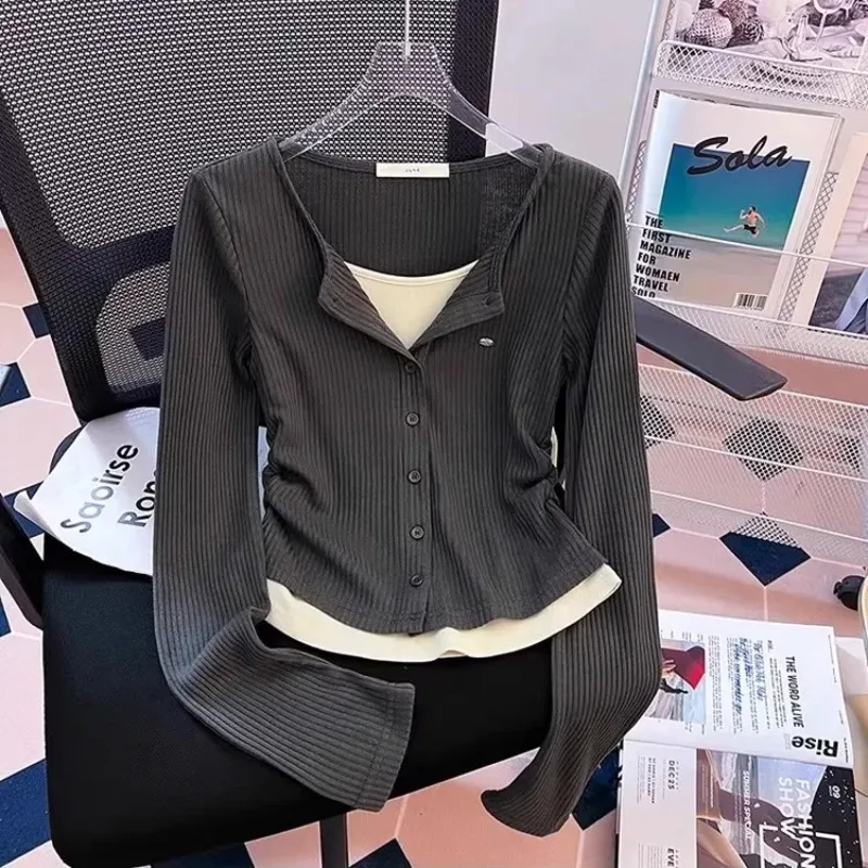 

Длинная футболка размера плюс с длинным светом, женская ранняя осень, новый дизайн, сладкий и пряный топ, корейский облегающий топ для поездок на работу...