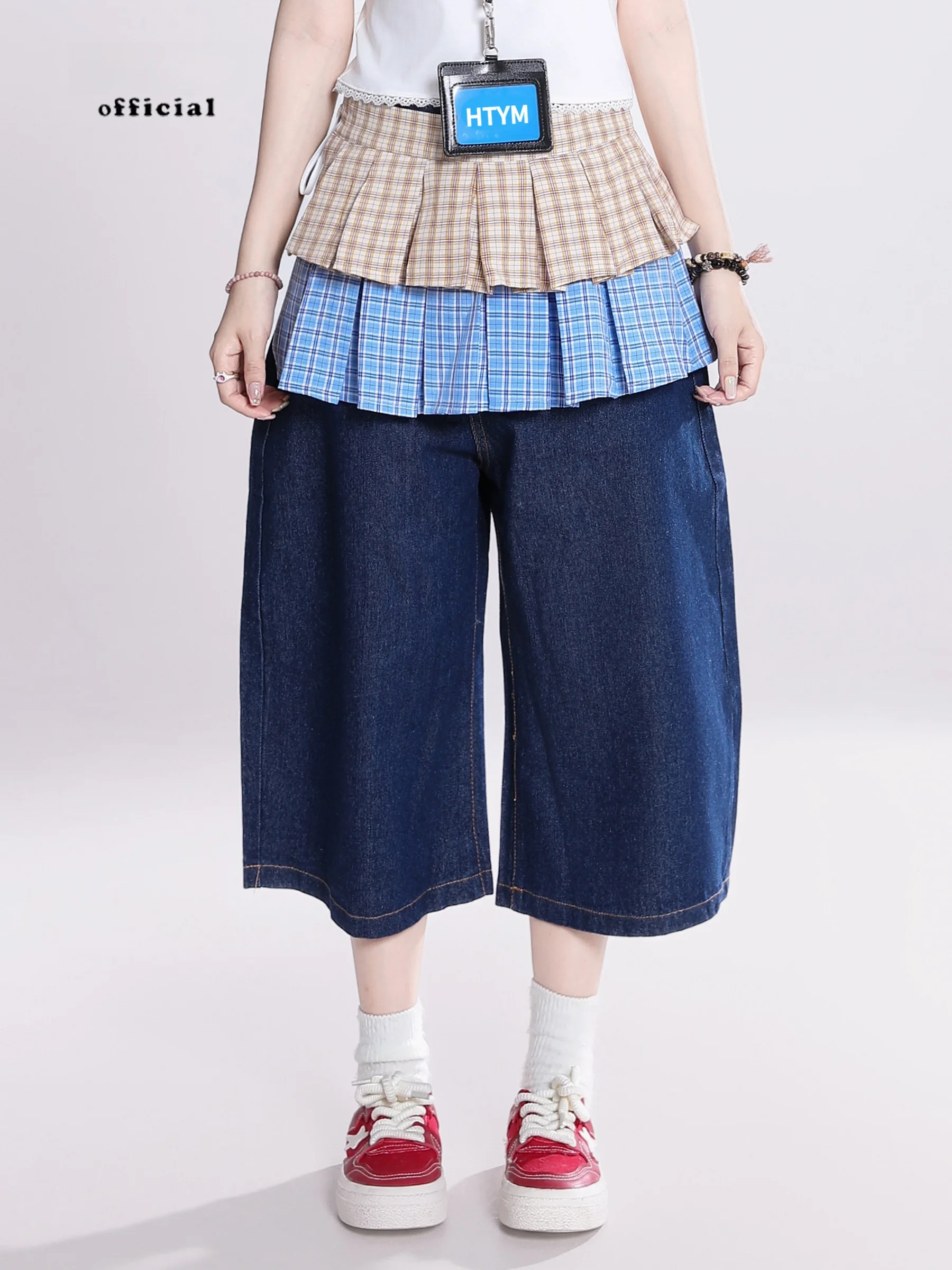 

American Retro Detachable Denim Mid-Length Pants Women Summer New High Waist Loose Straight Seven-Foot Trousers Trendy