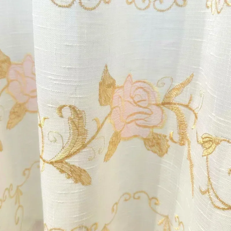 

Pink Rose Embroidered Cotton And Hemp Embroidery White Window Screen Living Room Balcony Drifting Window Dining Room Curtain