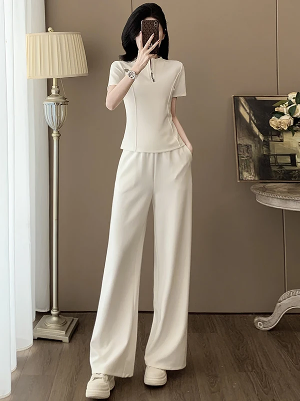 

Elegant Sportswear Set Women's Slim Fit Short Sleeve Top Wide Leg Pants Two Piece Suite Casual Summer Fashion plus Size