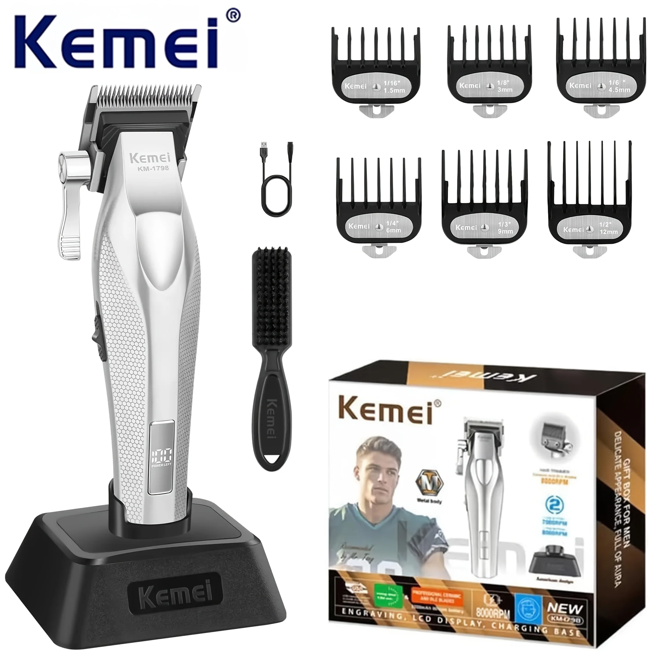 Kome KM-1798 Electric Engraving Scissors with Base High-Speed Long-Battery Life Digital Display Hair Trimmer for Men