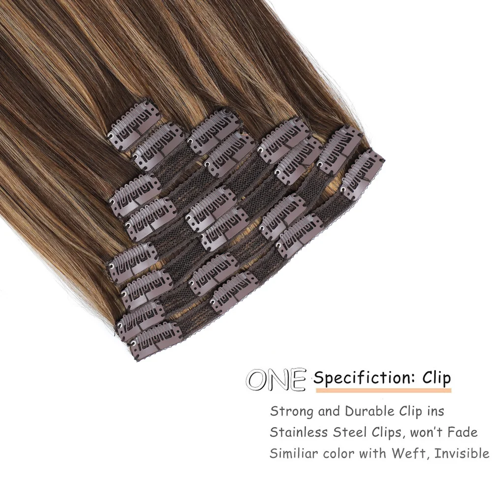 Rechte Clip In Hair Extensions Menselijk Haar Naadloze Onzichtbare Ombre Chocoladebruin Tot Karamelblonde P4/27 #70G 7 Stks/set