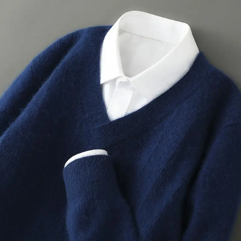 

100% Pure Mink Shirt Men's V-Neck Thickened Pullover Sweater Business Casual Large Size Knitted Sweater Base