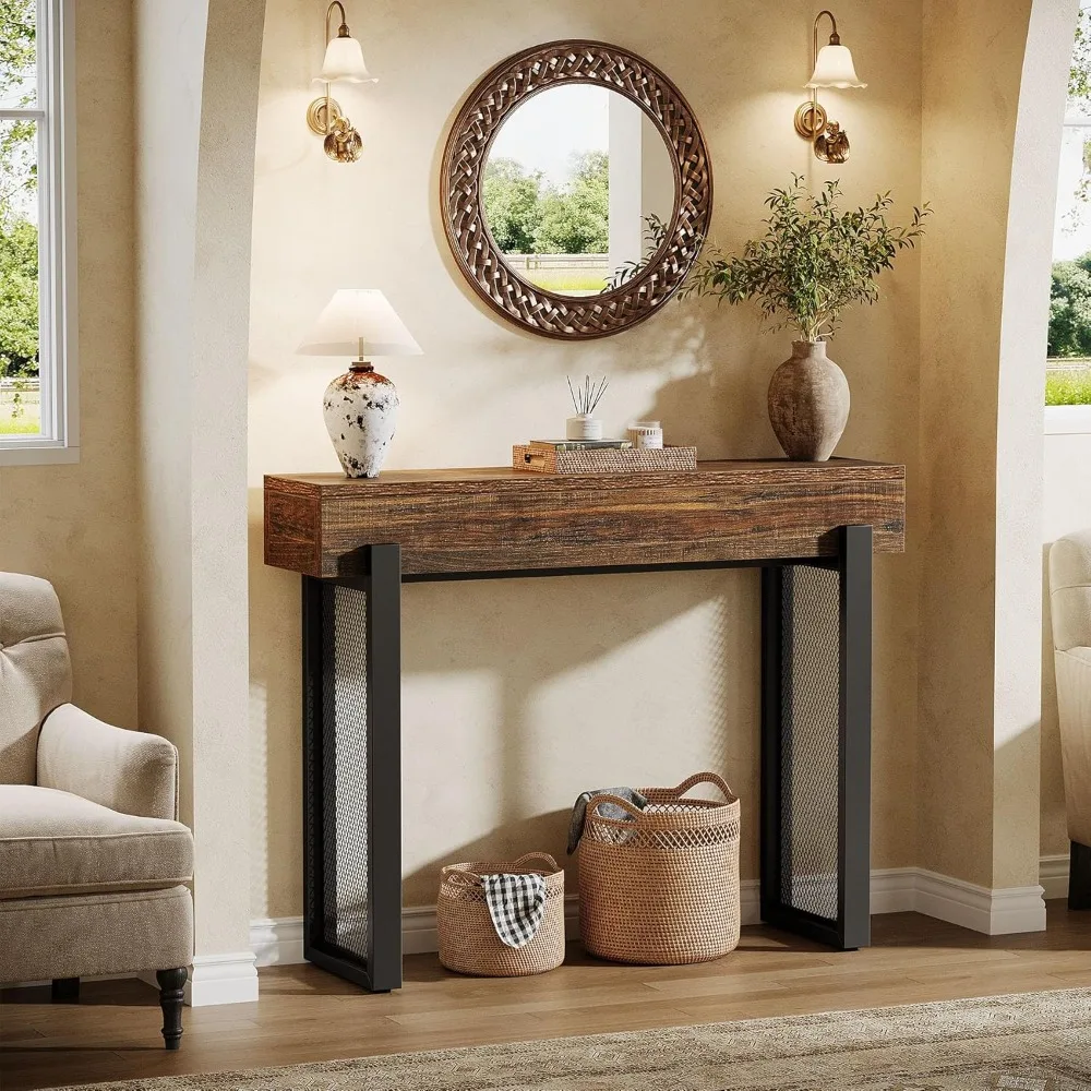 41 طاولة كونسول صغيرة، طاولة مدخل خشبية مع مساحة تخزين، طاولة أريكة صناعية ضيقة مع أرجل معدنية شبكية #4