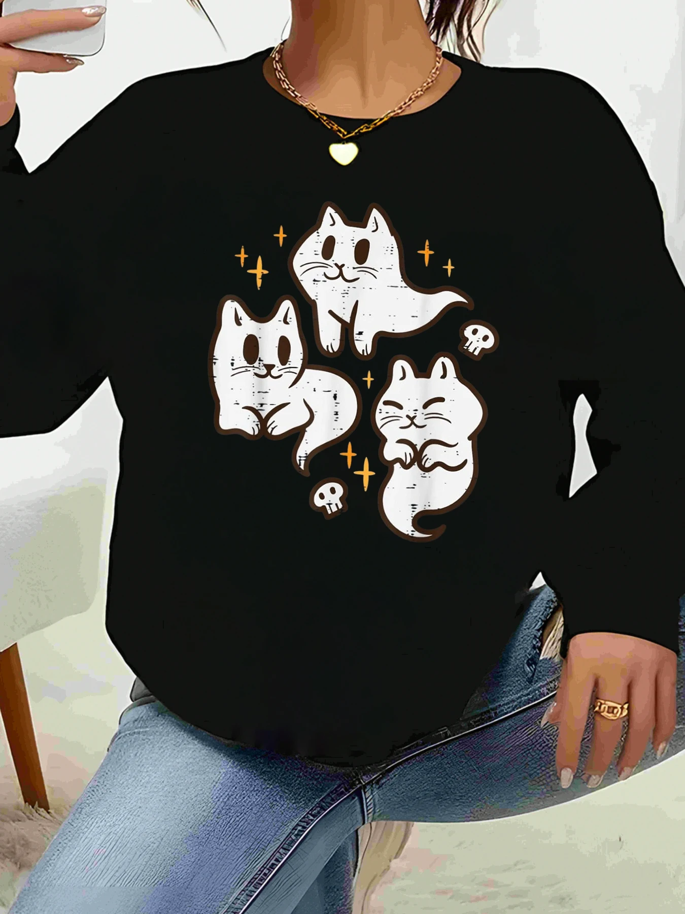 سويت شيرت كاجوال بطبعة قطة للهالوين للنساء