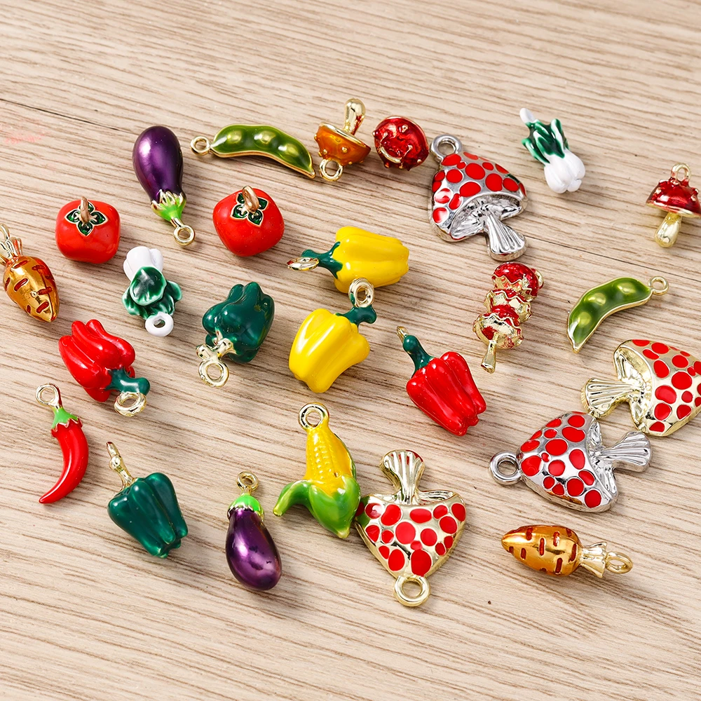 Tusember 5pcs Enamel Vegetables Pendants Mushroom Carrot Eggplant Corn Pepper Charms Beads Fit Original Bracelet DIY Jewelry