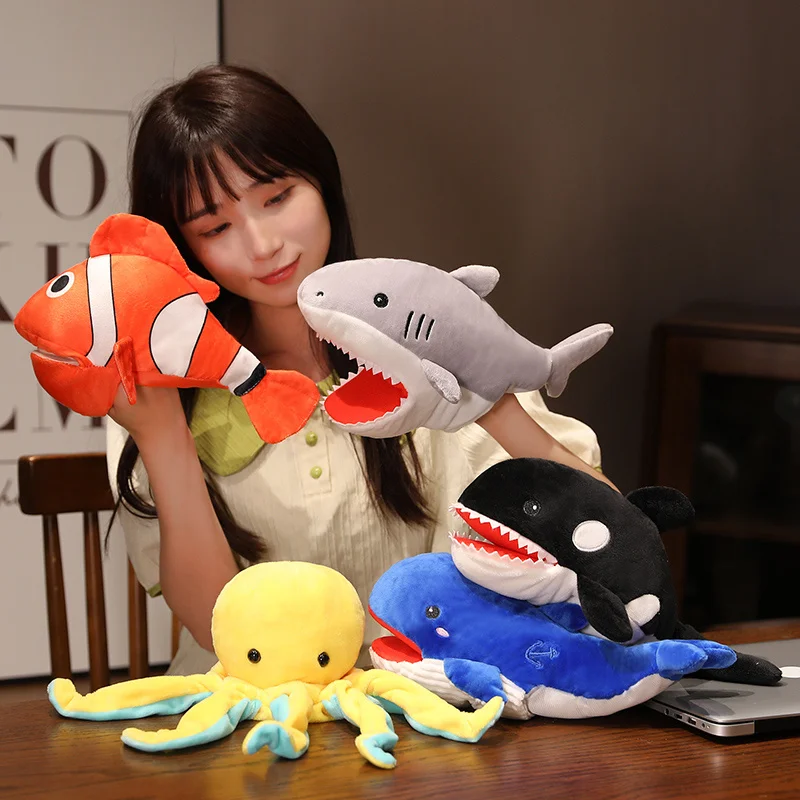 Ozean Serie Plüsch Handpuppe niedlichen Tier Chamäleon Krokodil Hai Blauwal Clown fisch Tintenfisch gefüllt beruhigen Baby Spielzeug Junge – Detail 2