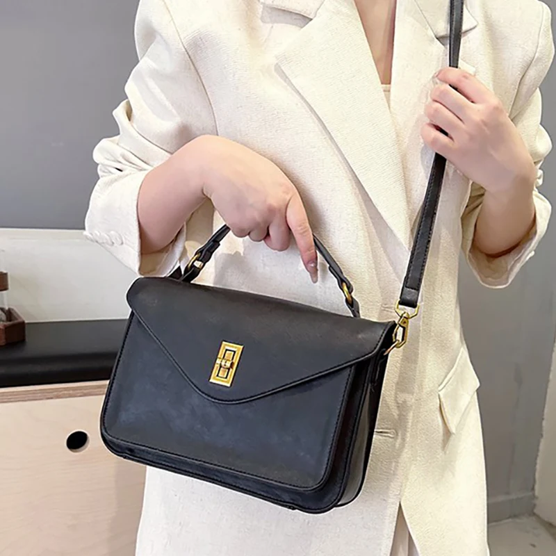 Women Vintage PU Leather Handbag Gold Lock Turn‑lock Satchel Bag Top Handle Crossbody Shoulder Bag Multi‑layer Daily Purse