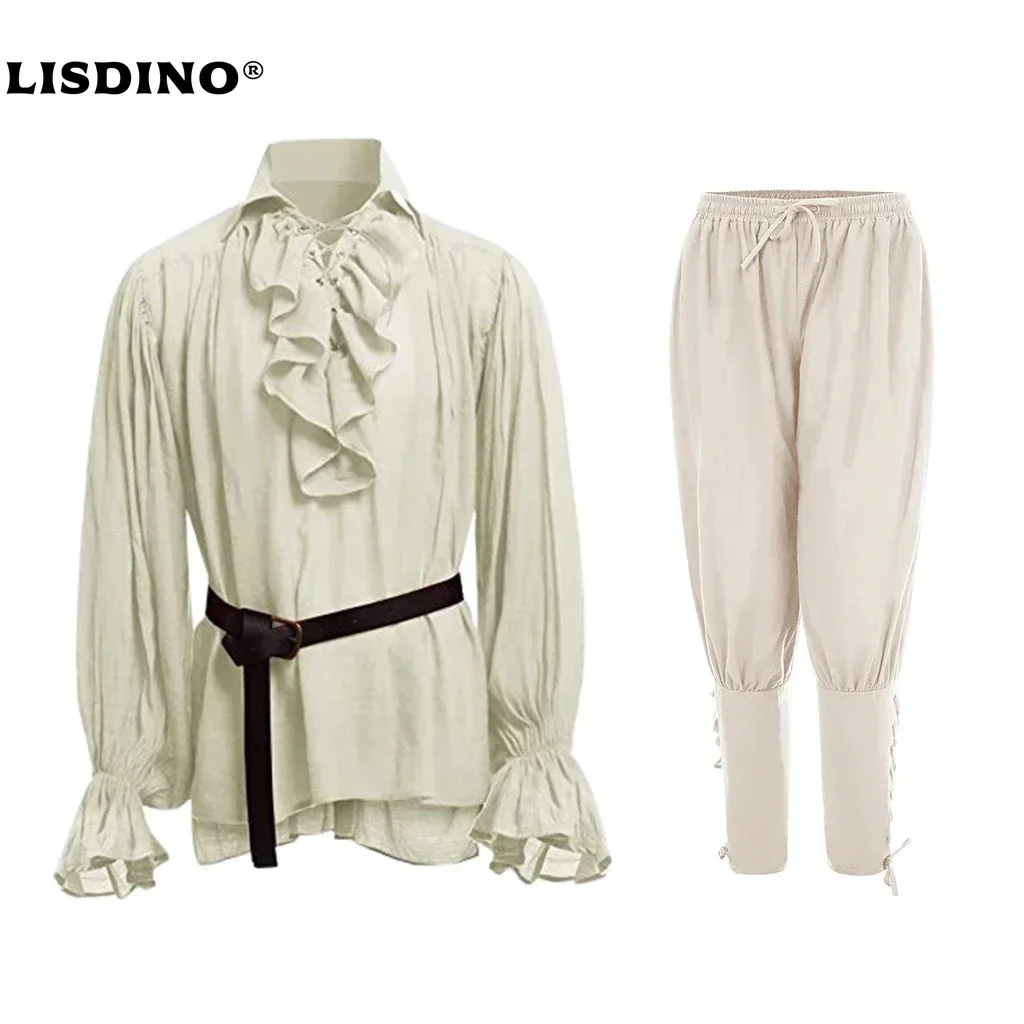 

1Medieval Shirts Ruffled Gothic Steampunk Victorian Pirate Cosplay Costume Mens Tops Pants Lacing Up Shirt Larp Vintage