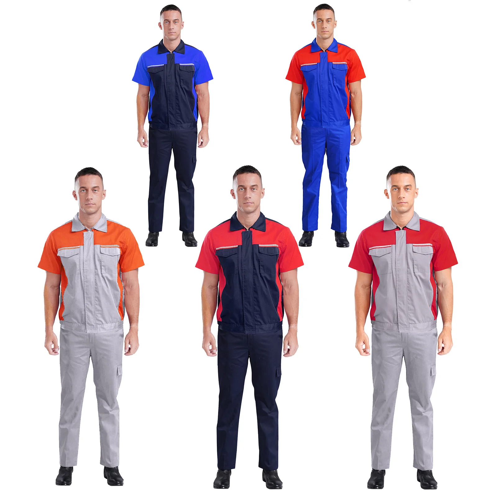 Men Cotton Work Suit Mechanic Factory Short Sleeve Dustproof Shirt Tops with Elastic Waist Pants Workwear Workshop Uniform