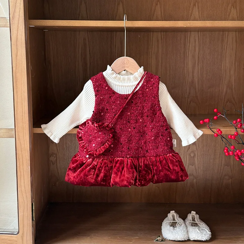 

‌2025 Winter Baby Girl Dress Set Thickened Knitted Sweater & Padded Cotton Princess Dress Two Piece Outfit New Year Gift Toddler
